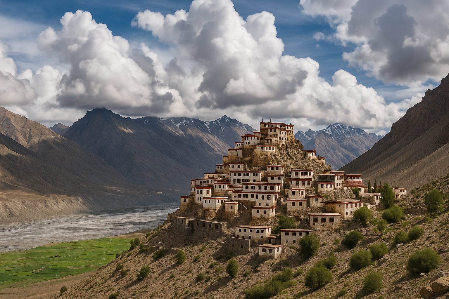 A panoramic shot of Spiti’s Key Monastery with dramatic September clouds above and lush green patches